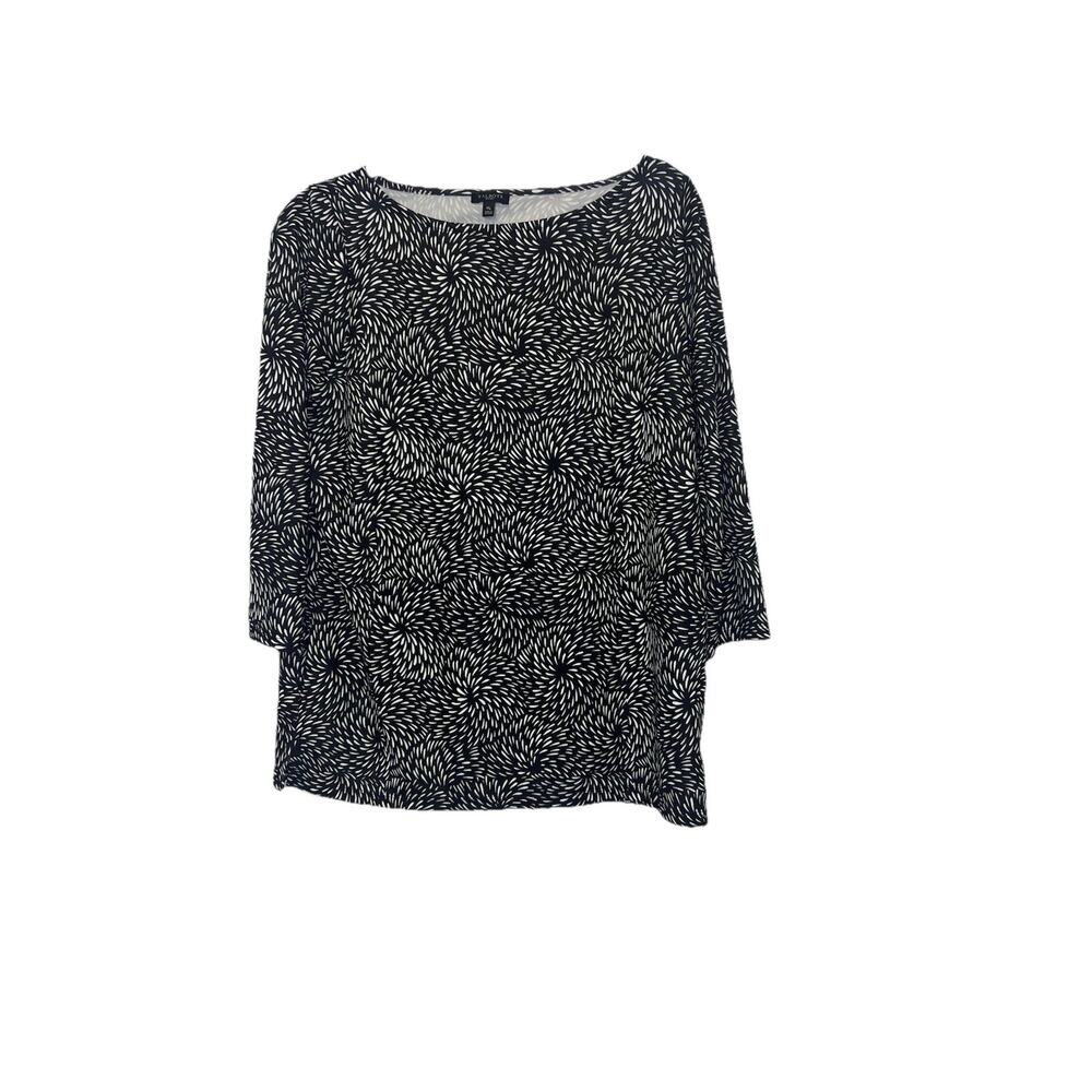 TALBOTS Women's MP Black White Print Top 3/4 Sleeve Round Neck Side Slits Career